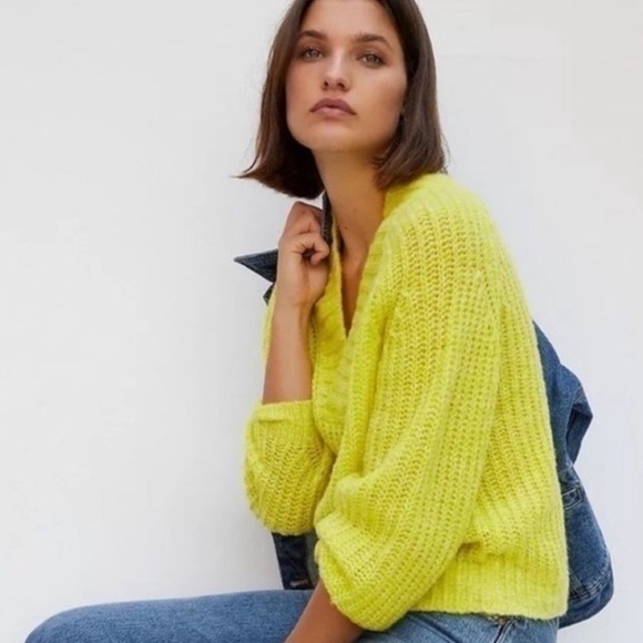 By Anthropologie Honore Sweater Highlighter Yellow XS Wool Blend Fluorescent - Picture 2 of 13